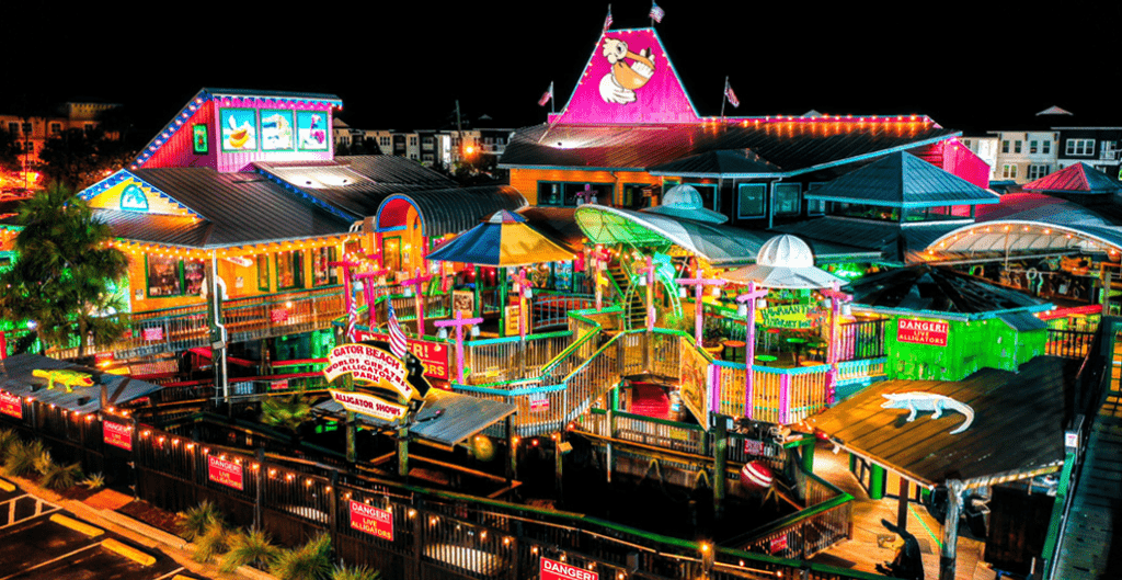 restaurant, bar, amusement park at night